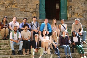Class photo on the steps of the church adjacent to the Volterra Residential College. 